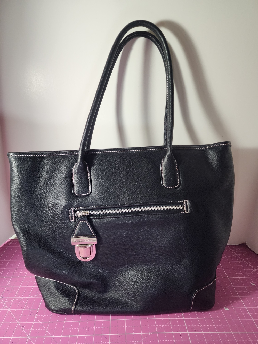 Victoria's Secret Classic Black Pebbled Tote with Front Zip & Polished Hardware